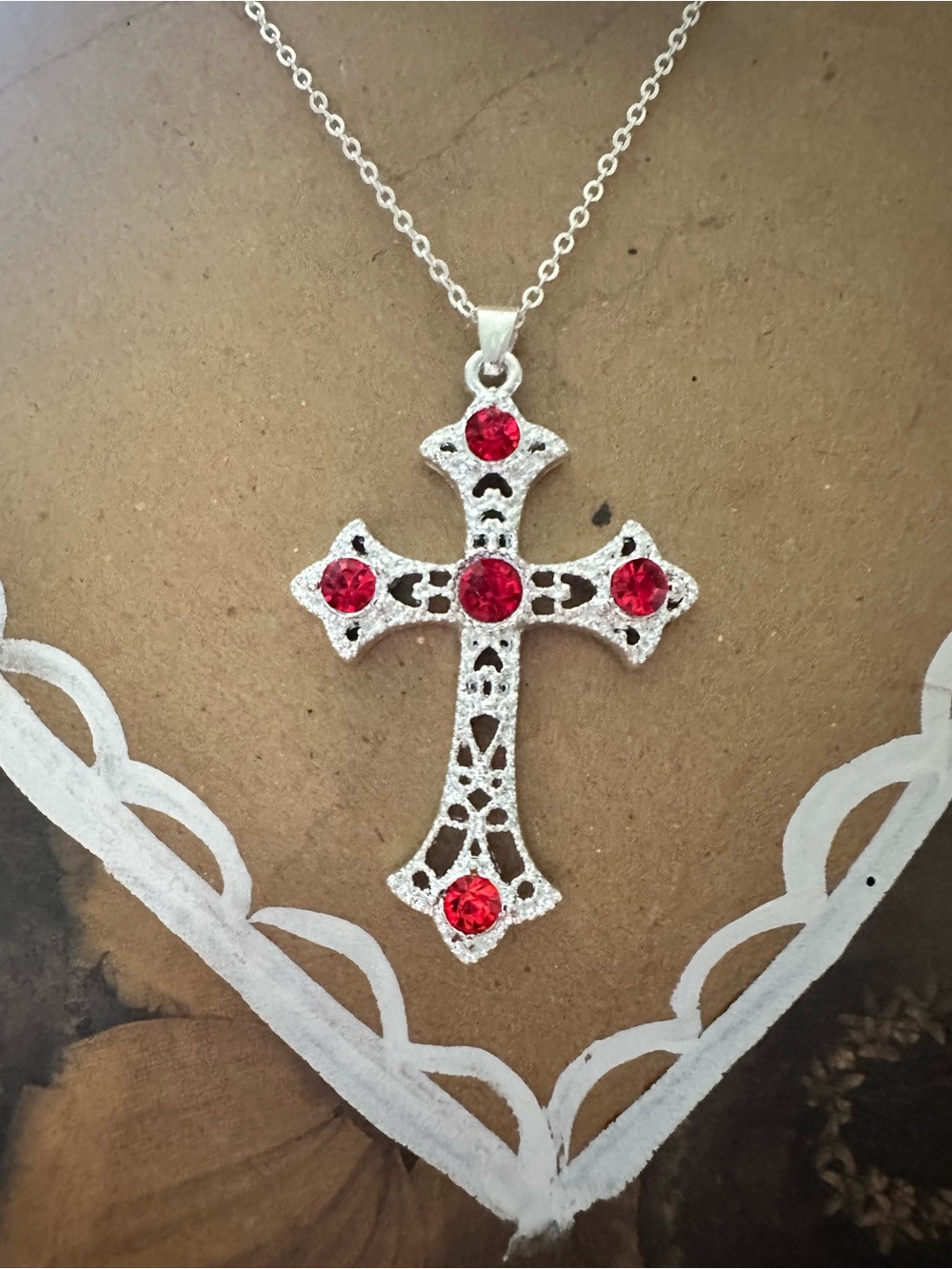 Silver Cross Necklace with Red Gemstone Accents